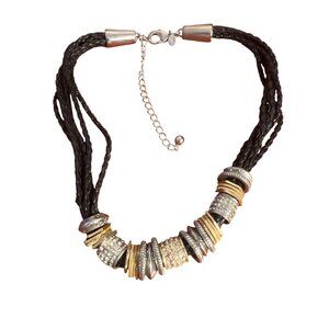 Chunky Chicos Necklace Black Braided Leather Mixed Metal Beads Multi Strand Adj